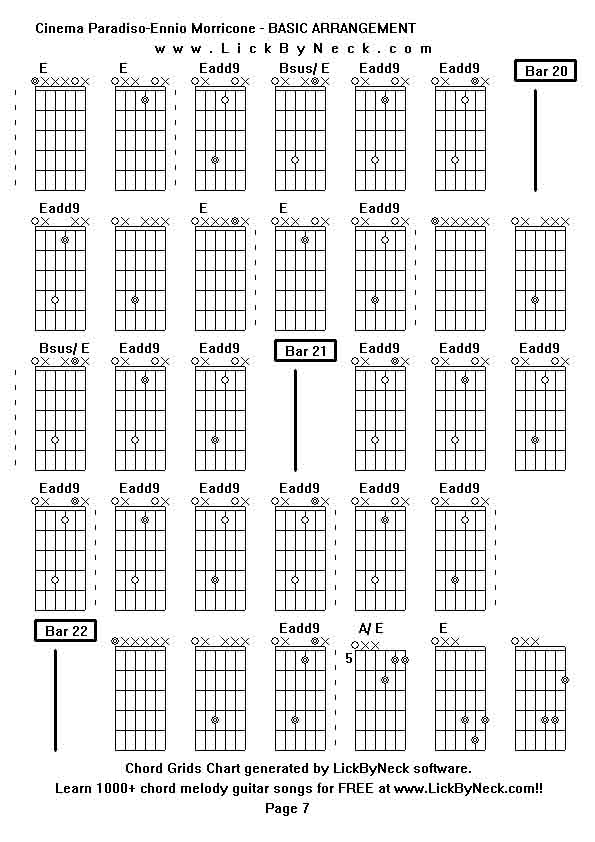 Chord Grids Chart of chord melody fingerstyle guitar song-Cinema Paradiso-Ennio Morricone - BASIC ARRANGEMENT,generated by LickByNeck software.